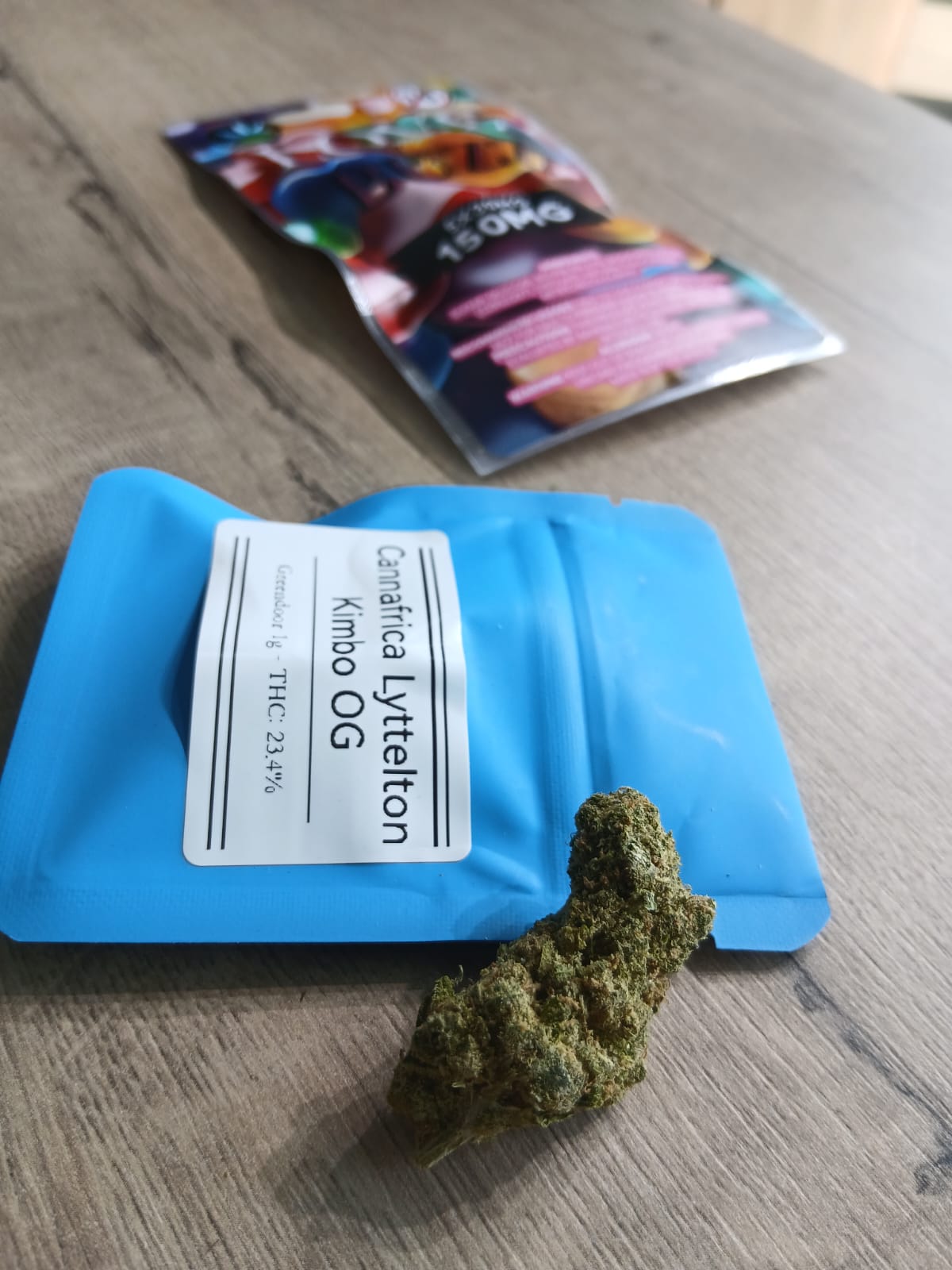 Cannafrica Lyttelton Kimbo OG bud with its blue mylar pack